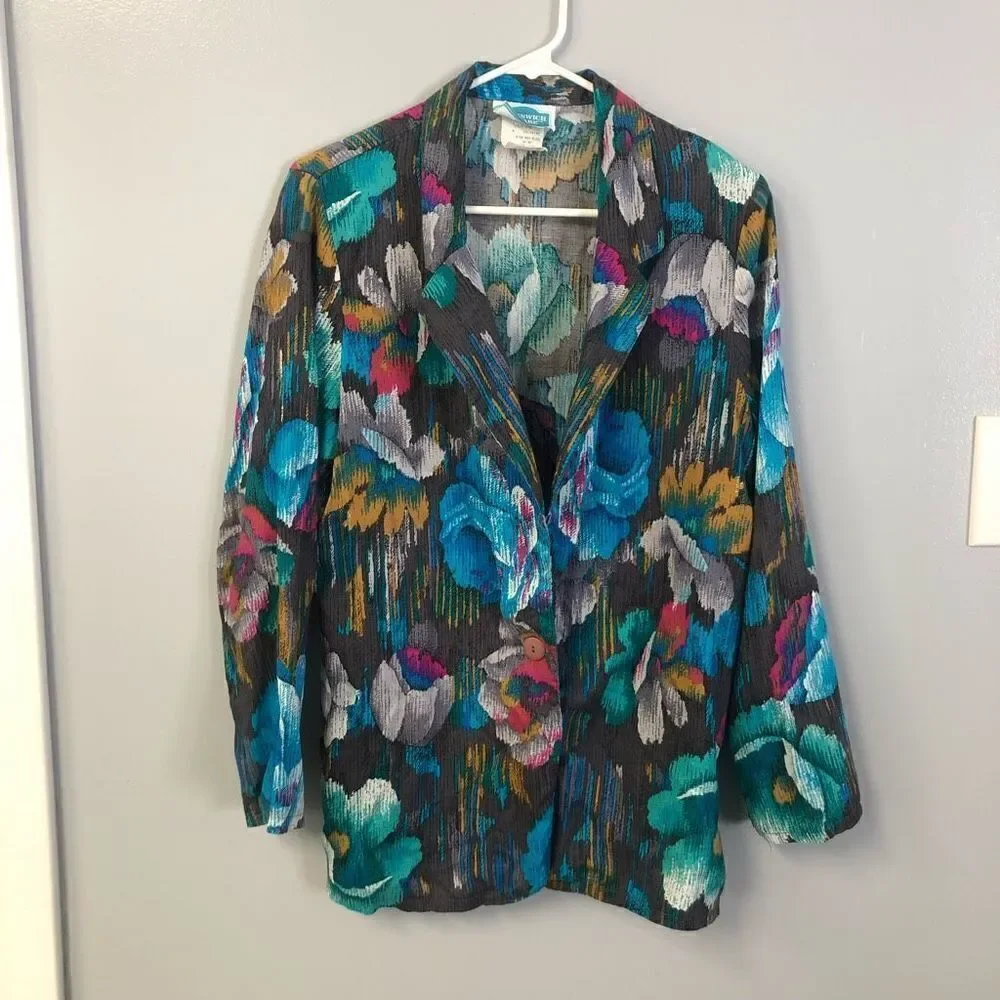 vintage blazer jewel tones large tropical foral  print light weight‎ sz 9-10